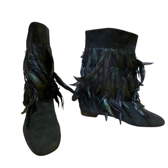 Black Suede Feather Delman Ankle Boots Size 9.5 Western Indian Punk Rock Retro - Picture 5 of 12